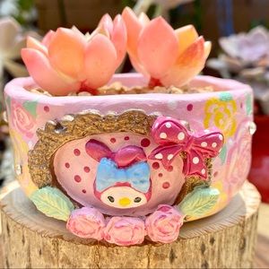 HANDMADE CUTE MELODY RABBIT PINK FIRED CLAY SUCCULENT FLOWER POT PLANTER VASE SM